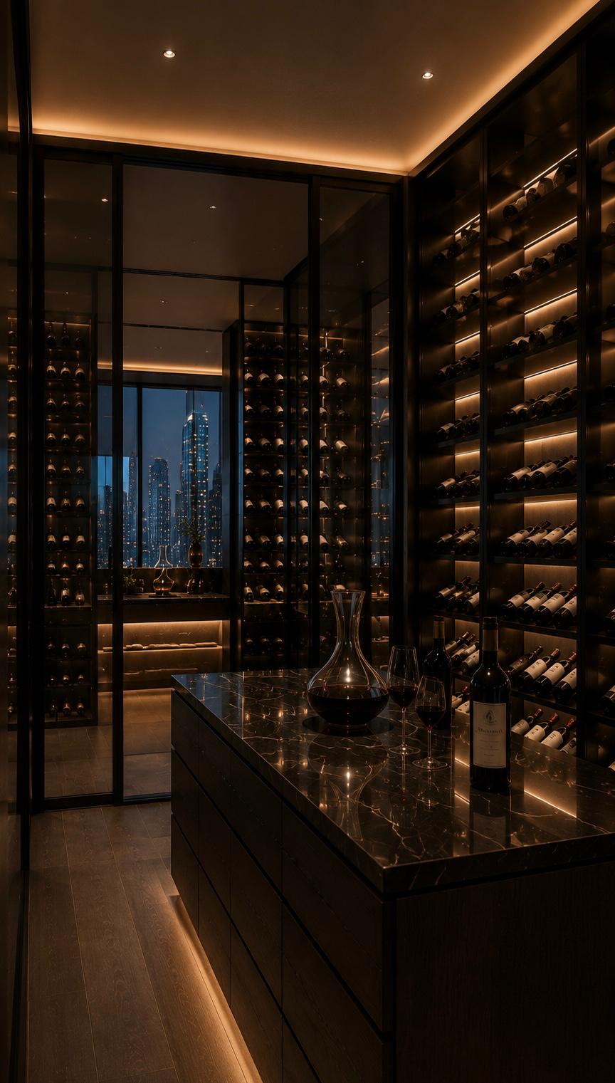 Private wine cellar with illuminated bottle displays