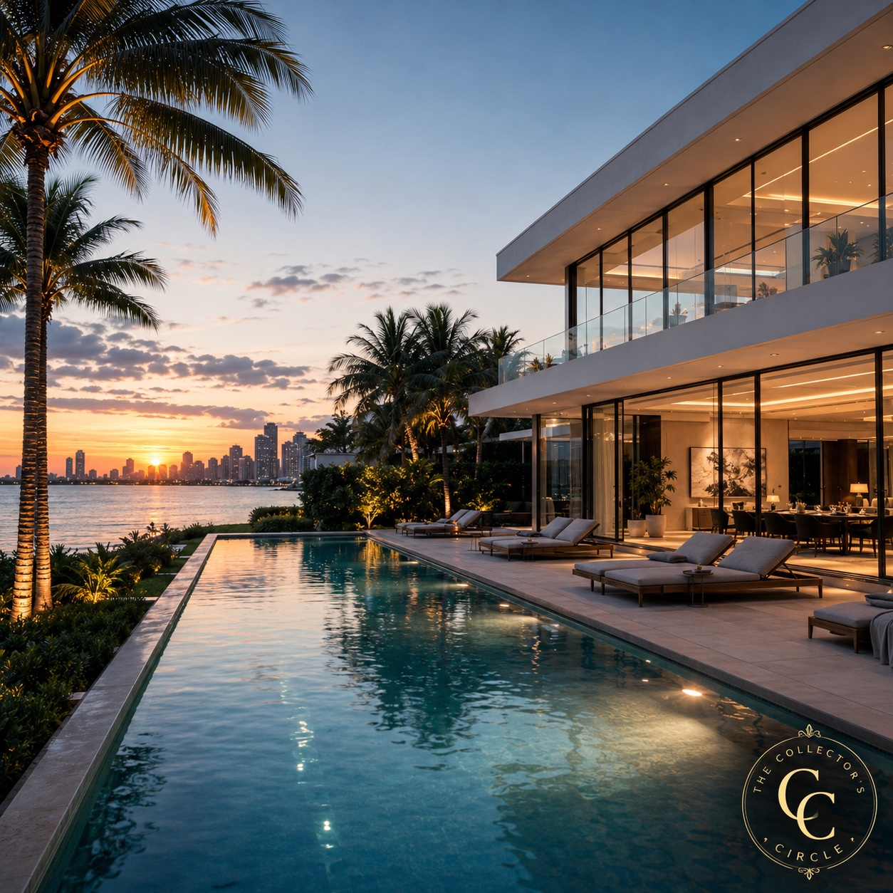Waterfront residence at sunset